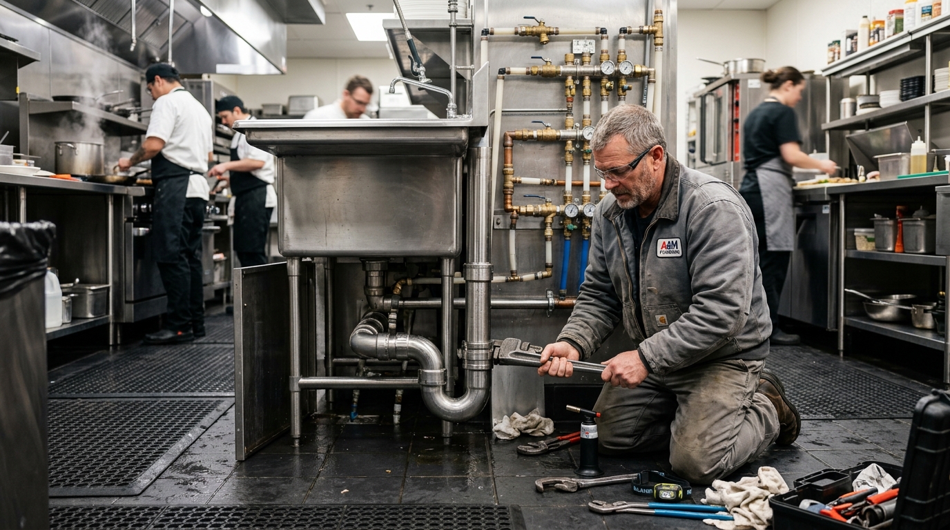 Licensed plumber performing emergency commercial plumbing repair in Porter Ranch, CA