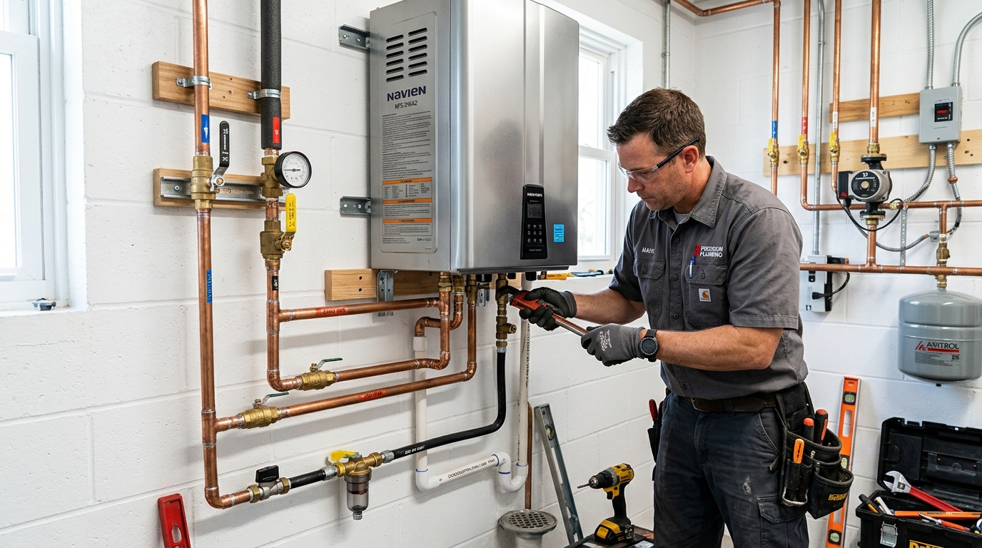 Licensed plumber performing emergency tankless water heater installation in Woodland Hills, CA